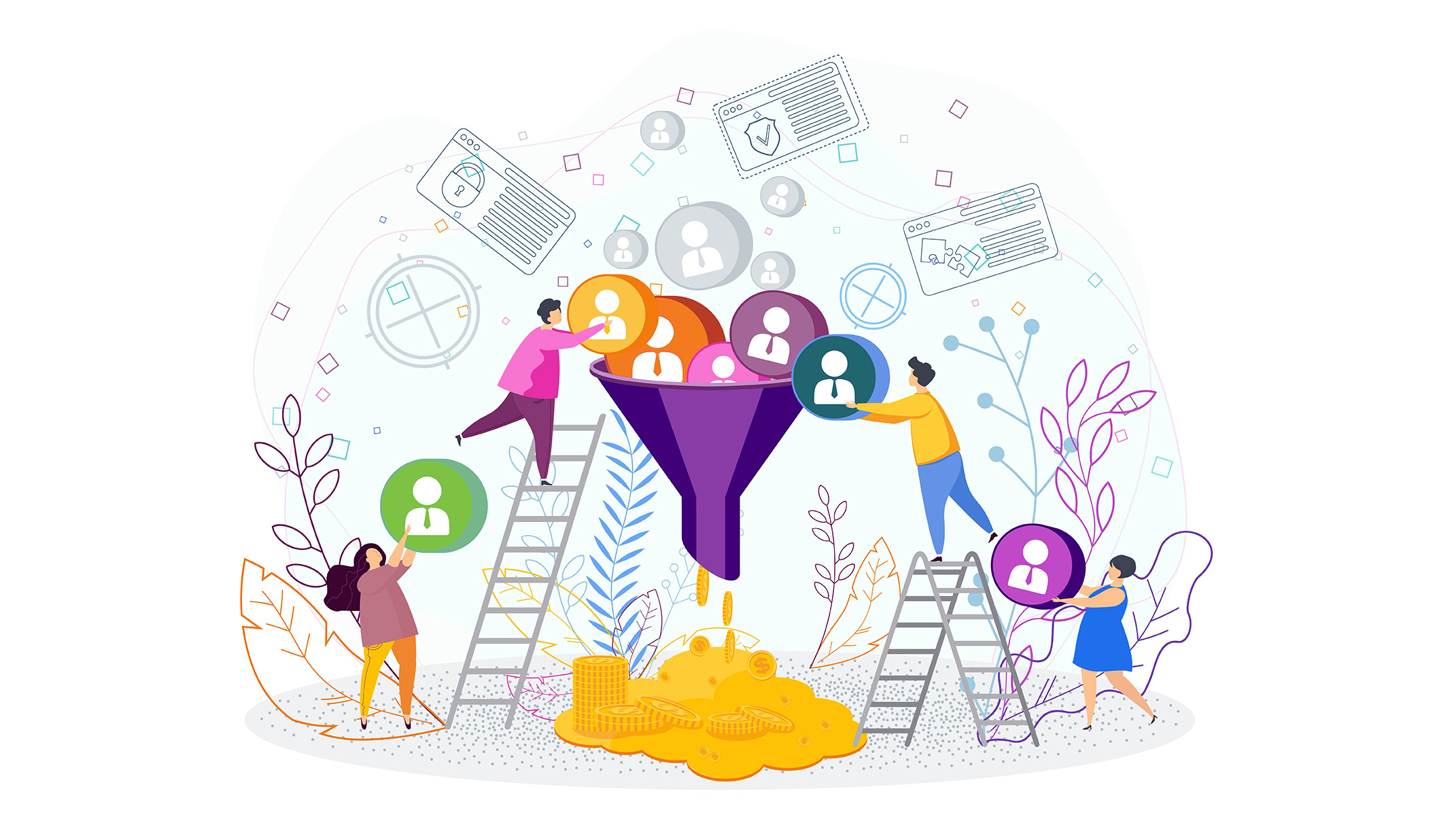 Vector image of sales and marketing professionals working together to achieve common business goals.