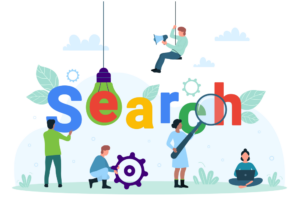 Diverse business people engaging with SEO elements for strategic digital marketing.