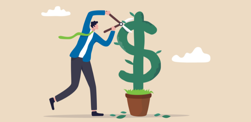 A businessperson trimming a dollar sign tree highlights secrets of B2B pricing strategies.