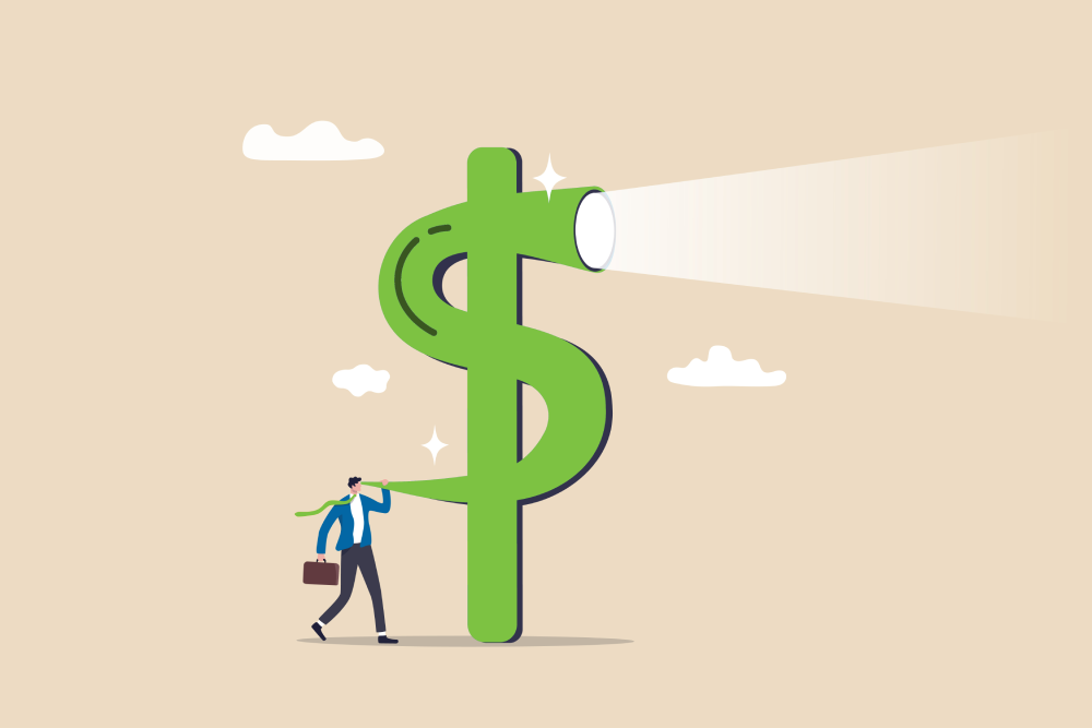 A businessperson using a dollar-sign telescope highlights secrets of B2B pricing strategies.
