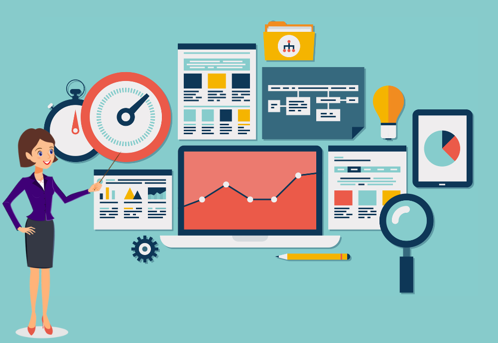 Businesswoman pointing at landing page design elements for better conversion.