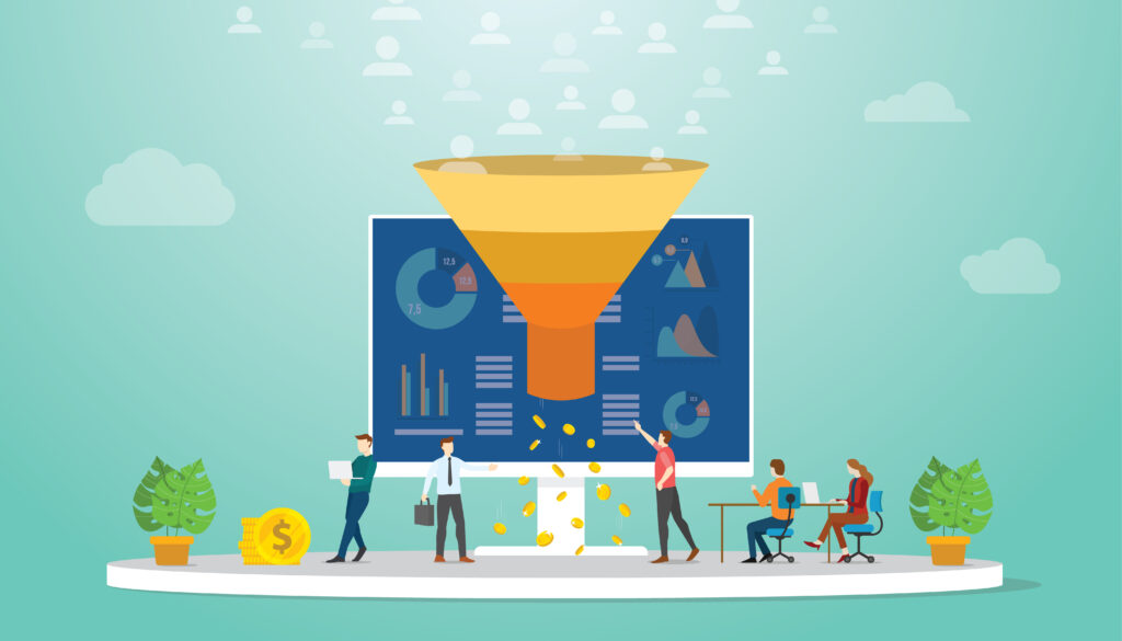 Illustration of a team using AI tools for B2B sales funnel and follow-up strategies.