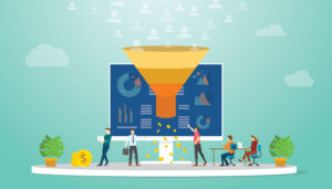 Illustration of a team using AI tools for B2B sales funnel and follow-up strategies.