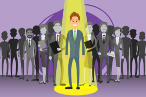 Spotlight on candidate among a crowd symbolizing finding the right salesperson for success
