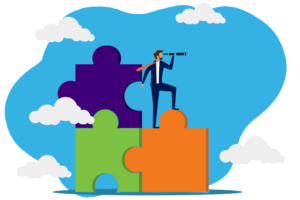 Business leader atop puzzle pieces, representing structured sales process and revenue growth system.