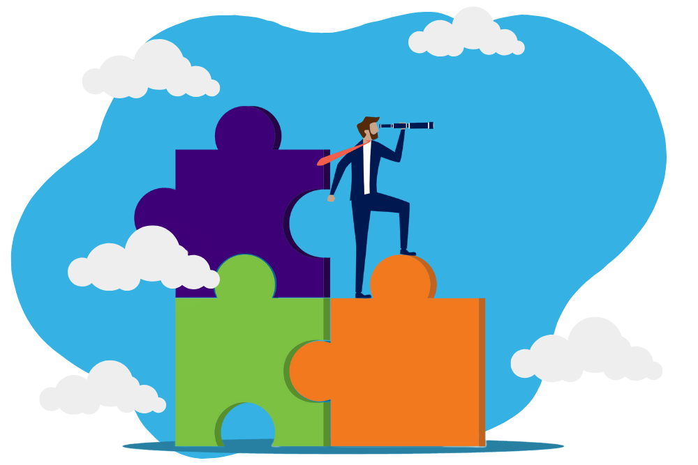Business leader atop puzzle pieces, representing structured sales process and revenue growth system.