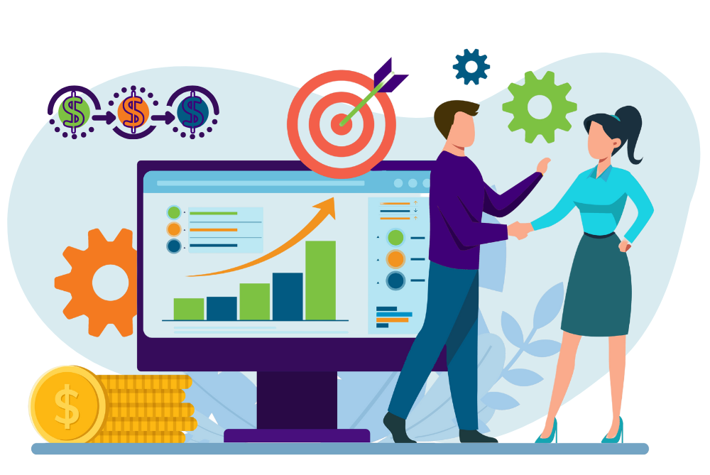 Illustration of a data-driven sales prospecting plan showing ROI metrics, historical performance data analysis, and AI integration for streamlined workflows.