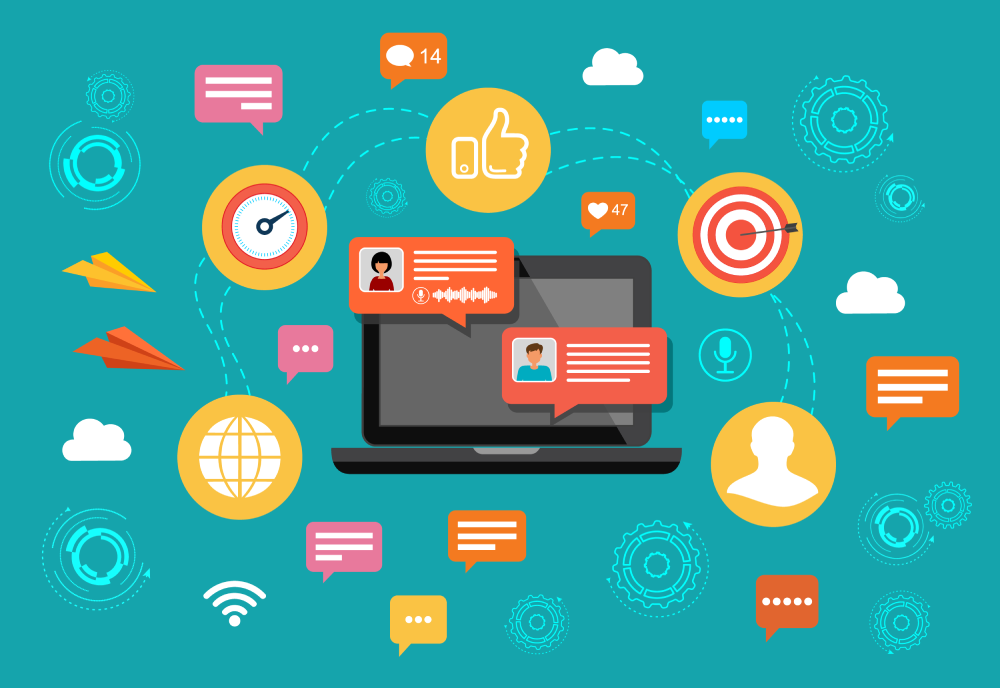 A vector image showing traditional versus digital age content marketing with AI