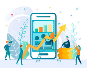 Flat vector of people analyzing a large phone screen with charts and caller ID elements