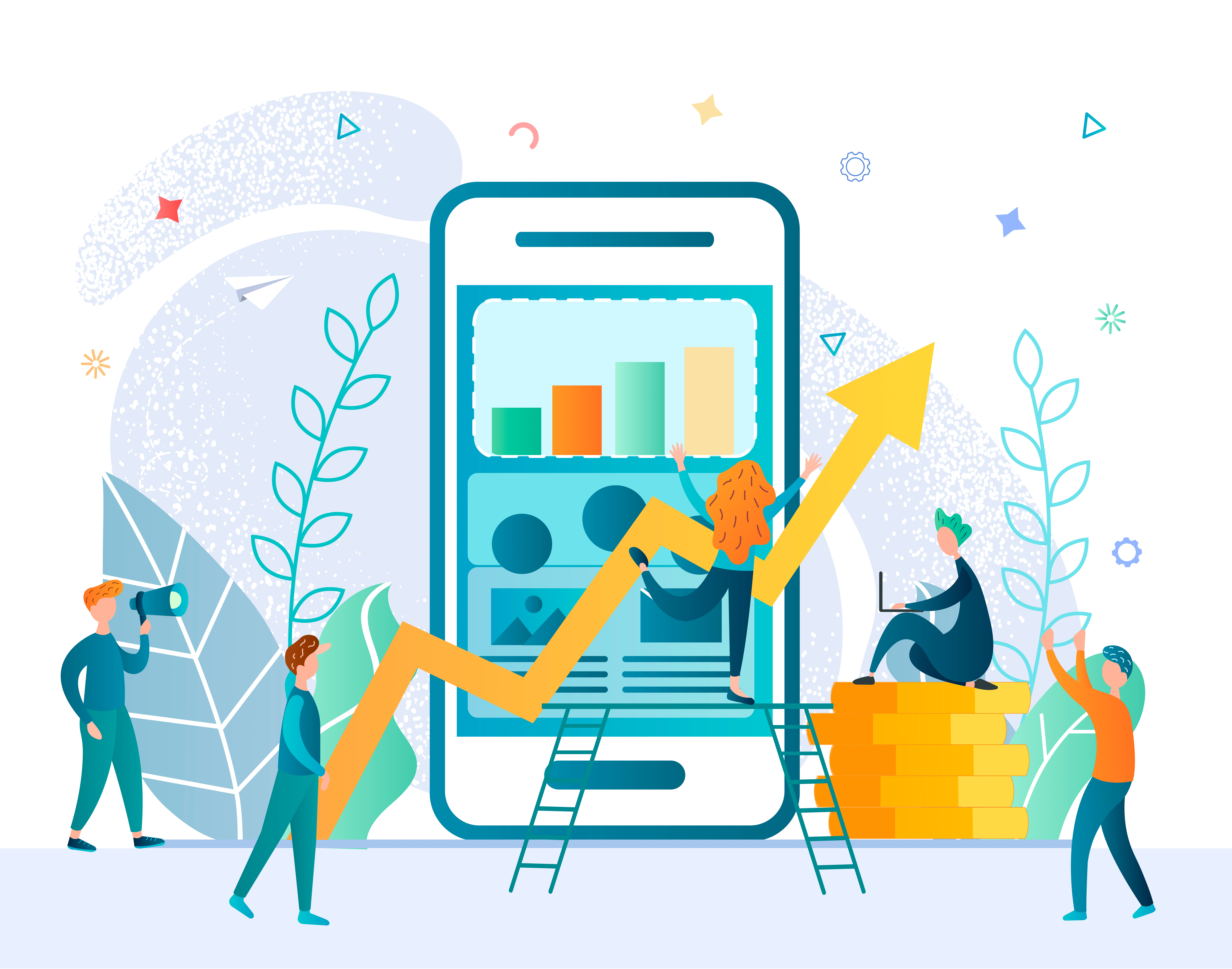 Flat vector of people analyzing a large phone screen with charts and caller ID elements