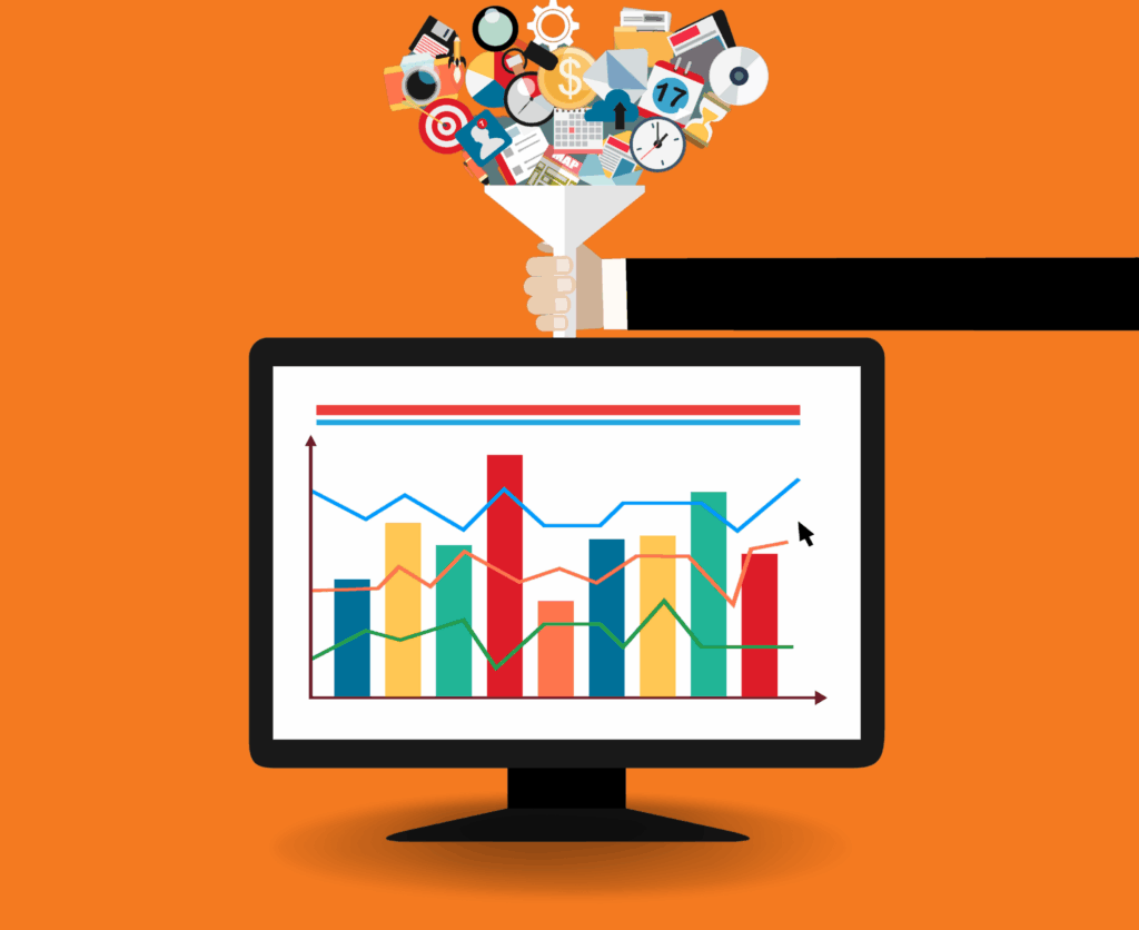 A hand holds a funnel of marketing icons pouring data into a computer displaying colorful analytic charts.