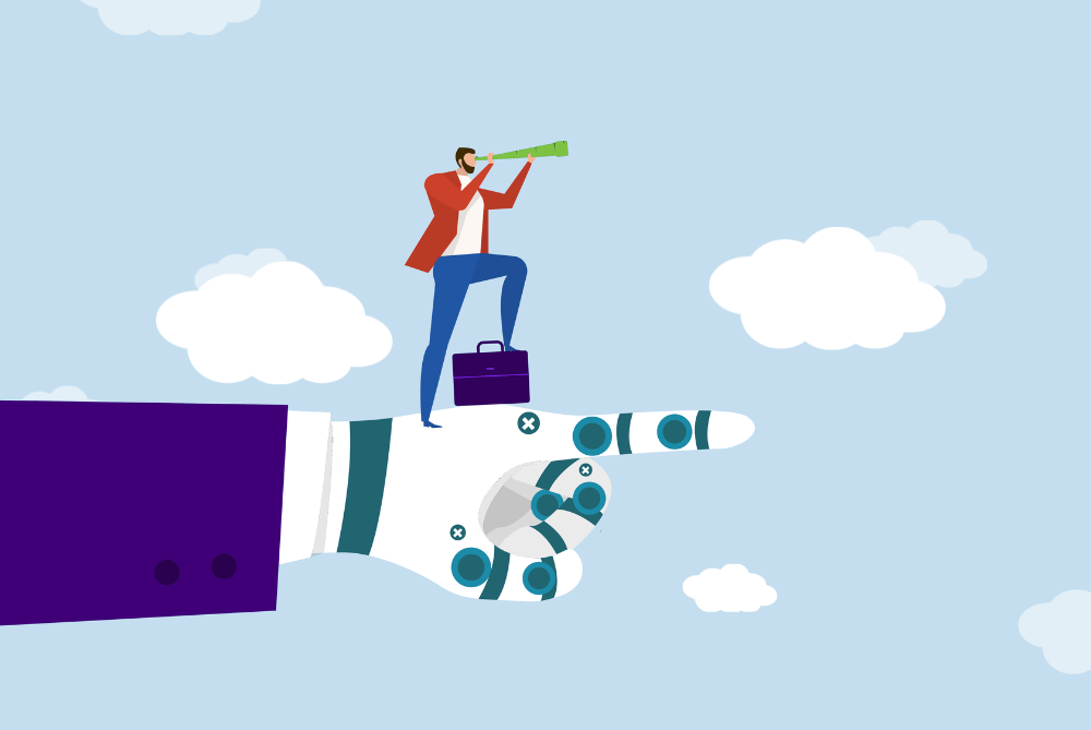 Business professional on AI robot hand looking ahead, symbolizing AI search, visibility, and content readiness.