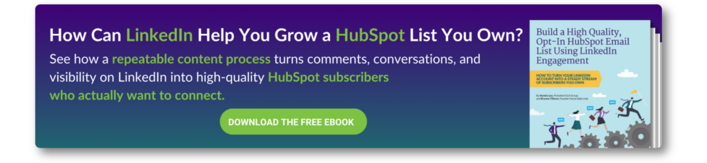 Promotional graphic for an ebook showing how LinkedIn engagement helps build a high-quality, opt-in HubSpot email list.