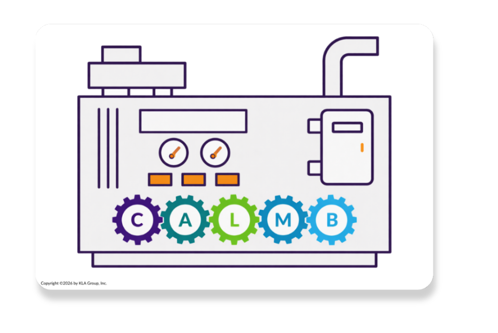 Control panel illustration with gears labeled CALMB representing a calm, trust based sales mindset system.