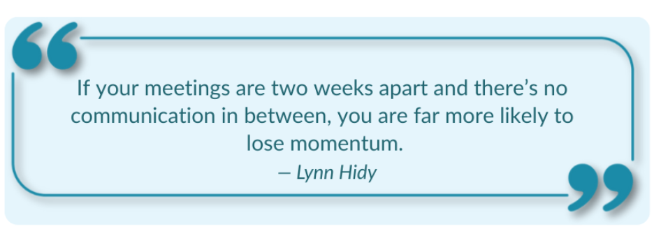 Quote graphic explaining that gaps between meetings without communication often cause sales momentum to stall.