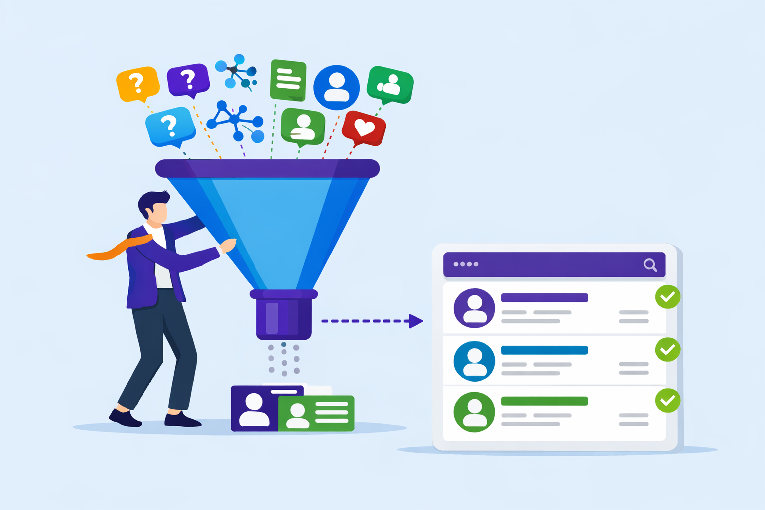 System showing trust-based engagement funneling the right contacts into a CRM for organized follow up